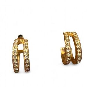 Gold Tone Double Row Rhinestone Half Hoop Earrings